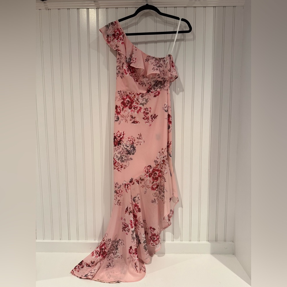 REVOLVE Pink Asymmetrical Ruffled Gown